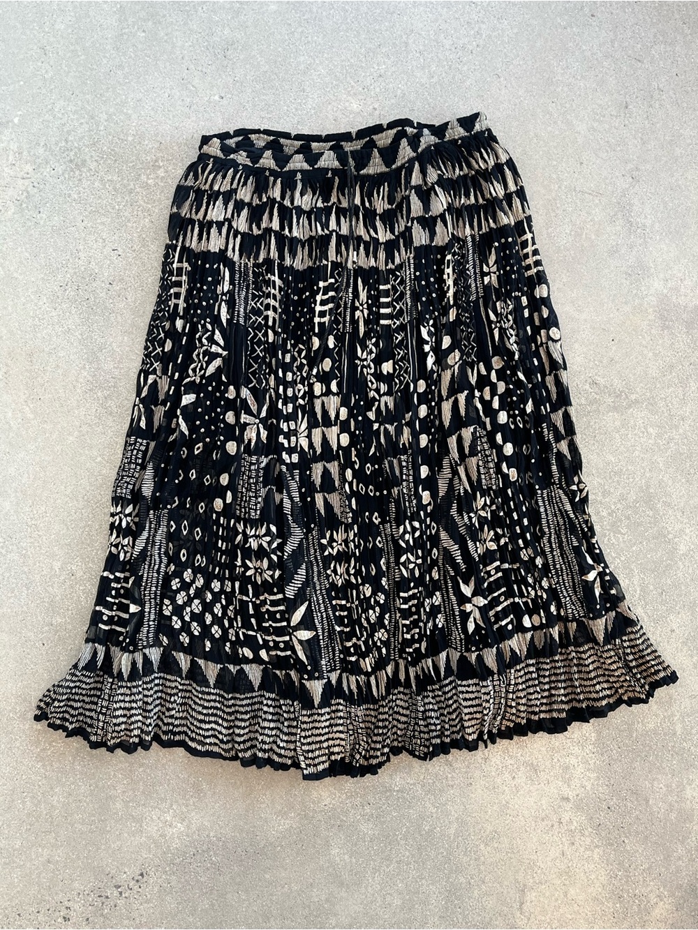 Vintage Pioko Boho Midi Skirt Black Tan Tribal Print One Size